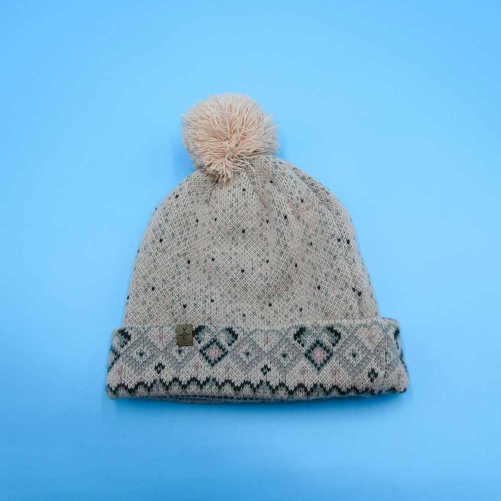 Ouray Hat Womens One Size Yellowstone Club YC Beanie Tan‎ Fair Isle Pom Pom Knit